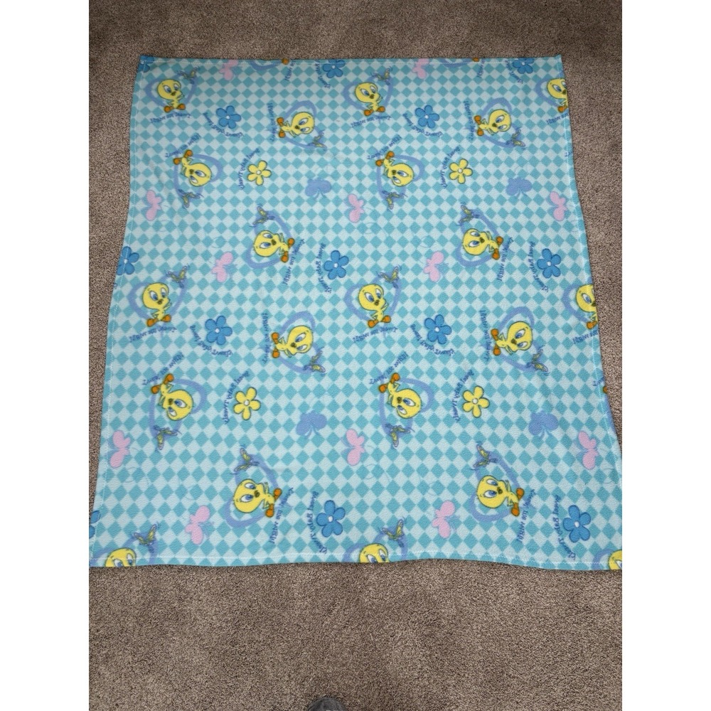 Vtg Looney Tunes Tweety Bird Blue Checkered Fleece Nursery Baby Blanket 57x50.5"